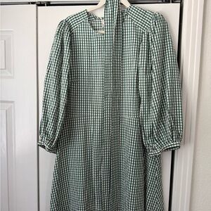 Pomander Place Green Gingham Tie-Neck Midi Dress with Puff Sleeves